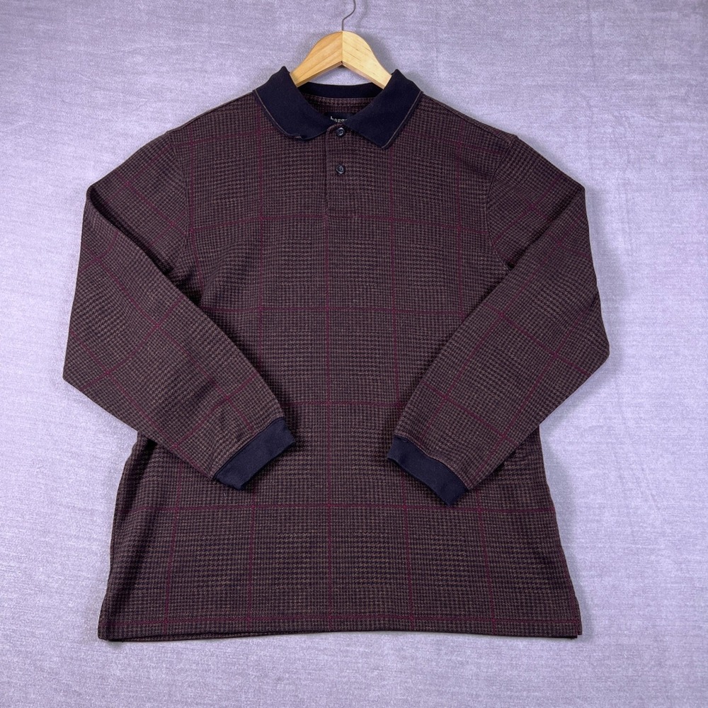 Haggar Plaid Long Sleeve Collared Polo Shirt Mens Medium Brown Cotton Blend